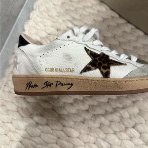Golden Goose Beige and White Sneakers with Leopard Accent